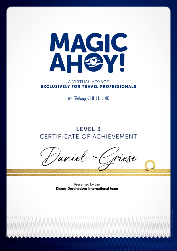 Disney Cruise Lines Certificate Daniel's Travel Inspiration Level_3