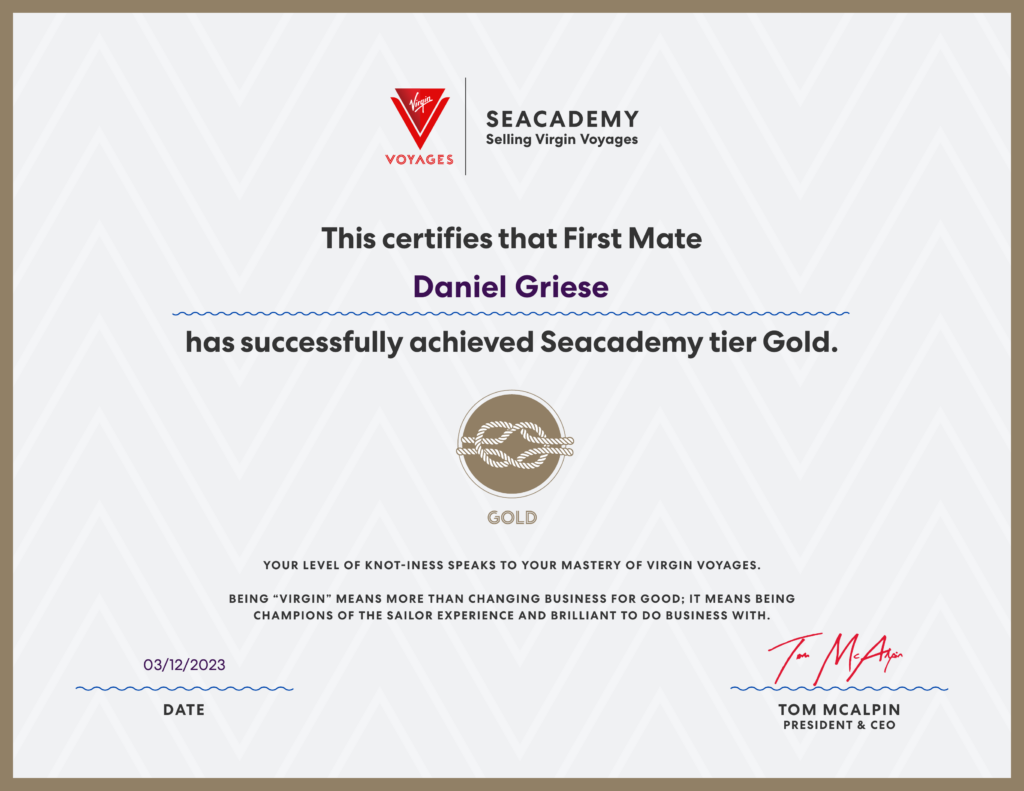 Virgin Voyages First Mate certificate gold Daniel's Travel Inspiration.png