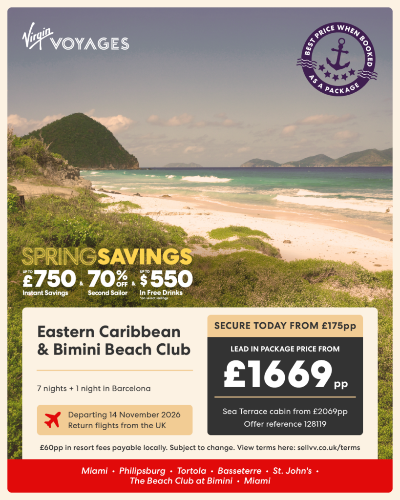 Virgin Voyages Eastern Caribbean & Bimini Beach Club cruise departing Miami on 14 November 2026, featuring turquoise Caribbean beaches and Spring Savings offer.