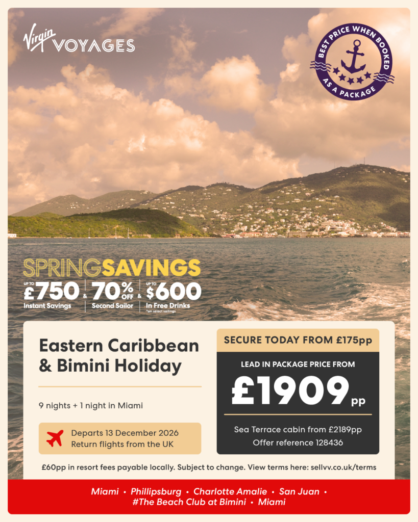 Virgin Voyages Eastern Caribbean and Bimini Holiday cruise with Sea Terrace cabin, December 2026 sailing from Miami, visiting Philipsburg, Charlotte Amalie, San Juan and Bimini, from £1909 per person.