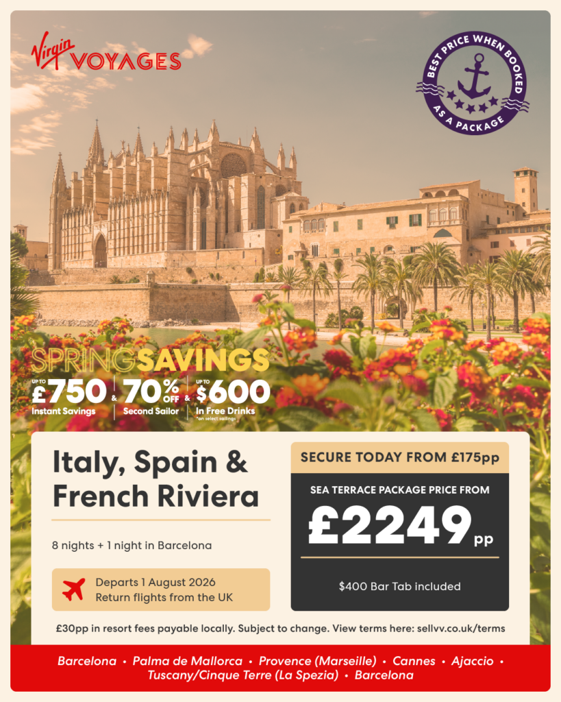 Virgin Voyages Italy, Spain and French Riviera cruise with Sea Terrace cabin, August 2026 sailing from Barcelona, visiting Palma de Mallorca, Marseille, Cannes, Ajaccio and Tuscany, from £2249 per person.