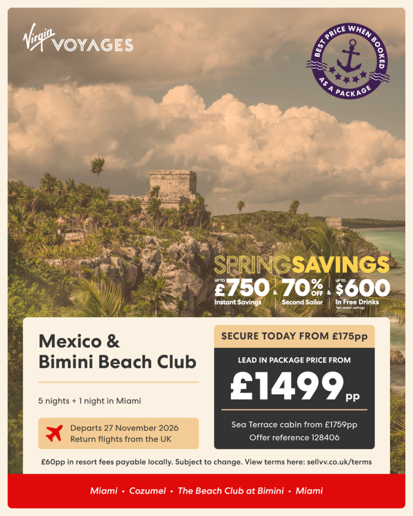 Virgin Voyages Mexico and Bimini Beach Club cruise with Sea Terrace cabin, November 2026 sailing from Miami, visiting Cozumel and The Beach Club at Bimini, from £1499 per person.