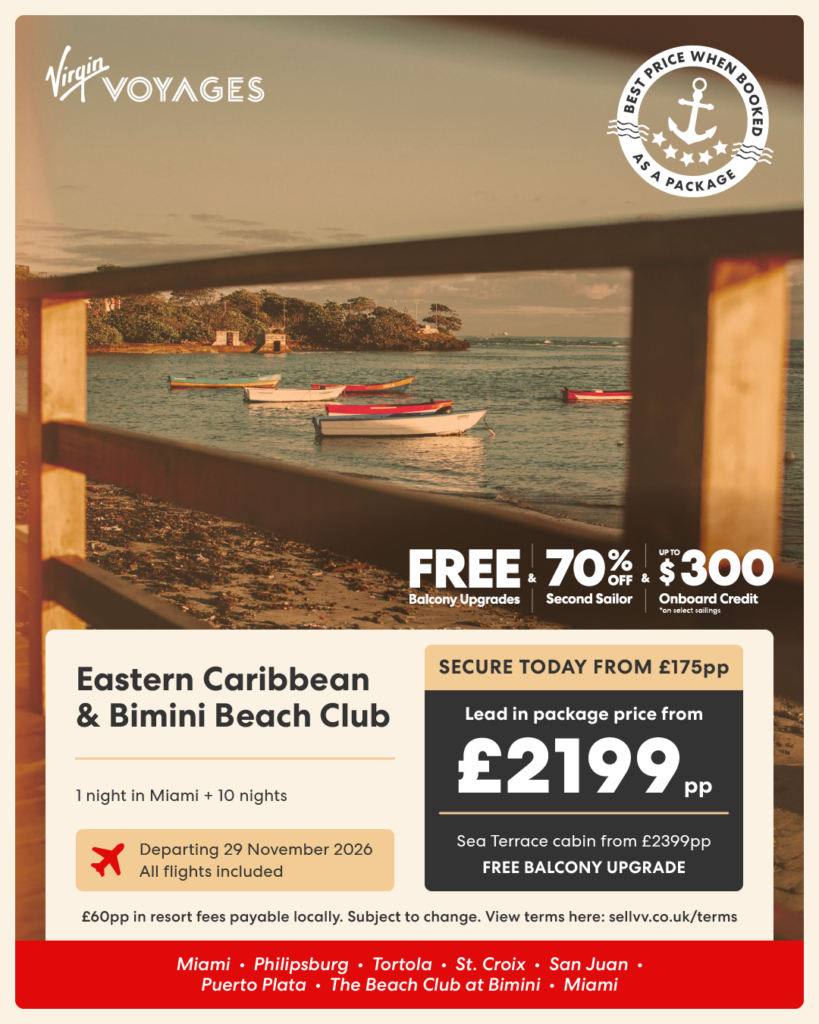 Virgin Voyages Eastern Caribbean cruise with Bimini Beach Club featuring small boats on tropical shoreline and package price from £2199 per person with Miami stay included