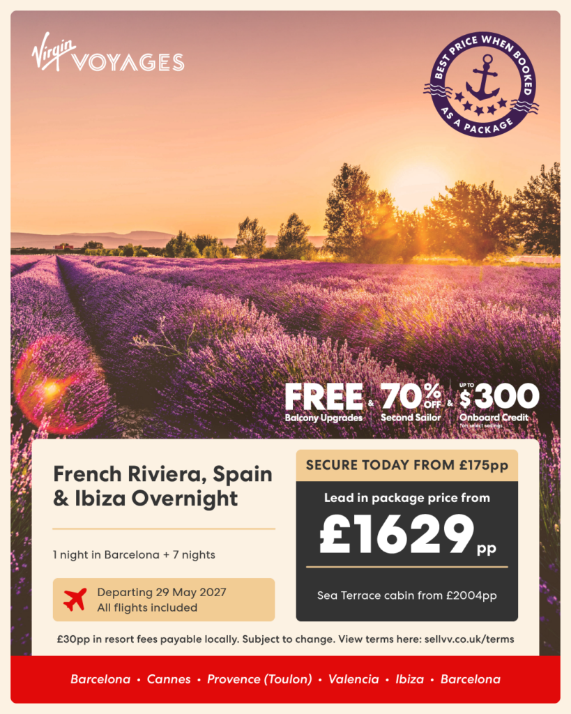 Virgin Voyages French Riviera Spain and Ibiza overnight cruise with lavender fields in Provence, 7-night itinerary from Barcelona, May 2027 sailing with balcony upgrade offer