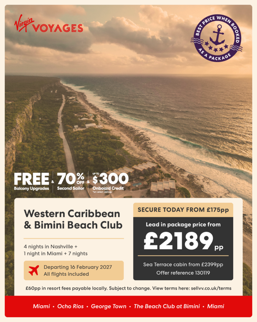 Virgin Voyages Western Caribbean cruise coastline view with beach and ocean scenery, promoting a 7-night sailing with Bimini Beach Club from £2189 per person
