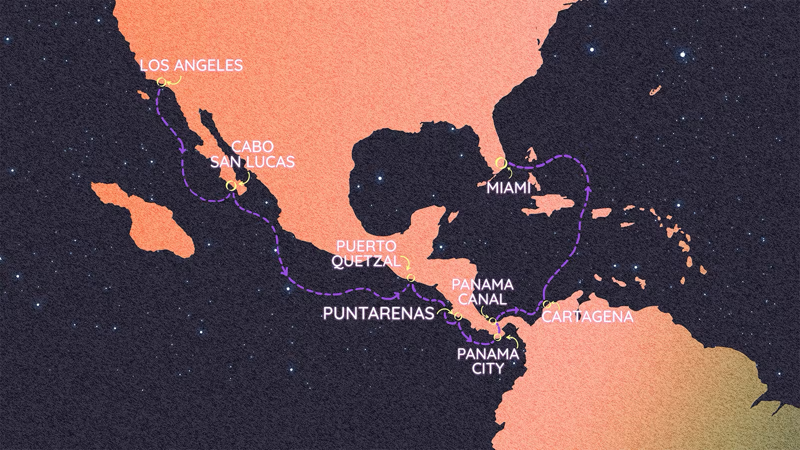 Virgin Voyages Los Angeles to Miami Panama Canal cruise route map