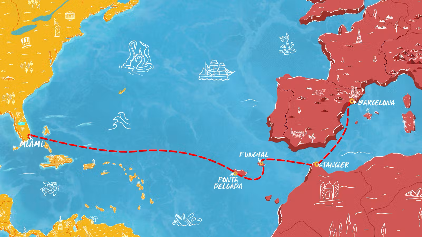 Virgin Voyages Miami to Barcelona Transatlantic cruise route map