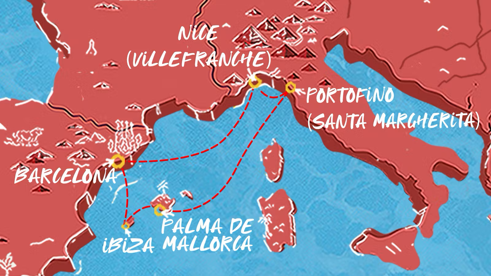 Virgin Voyages Western Mediterranean cruise route Barcelona Ibiza Portofino map