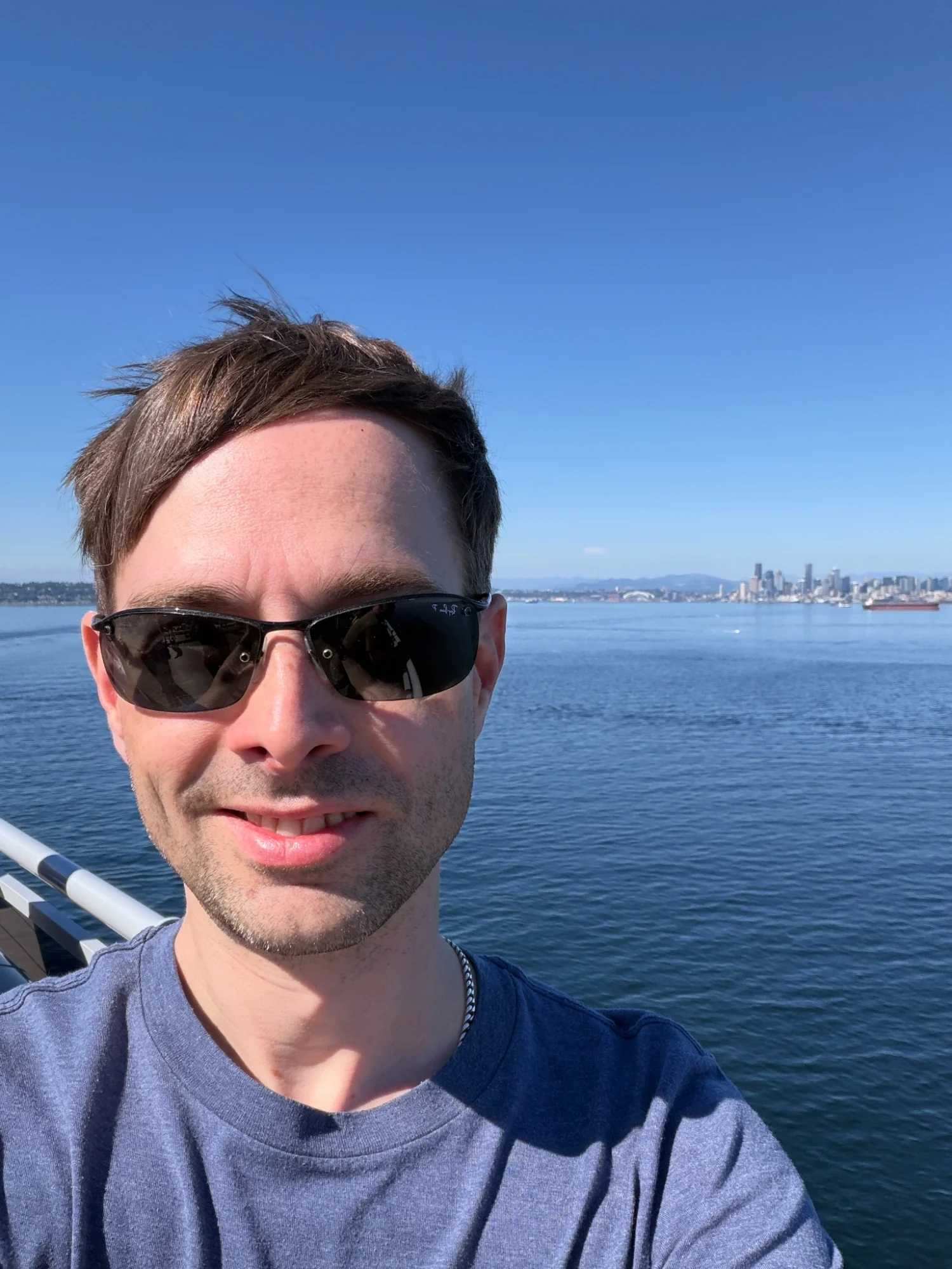 Daniel viewing the Seattle skyline from Brilliant Lady before an Alaska cruise